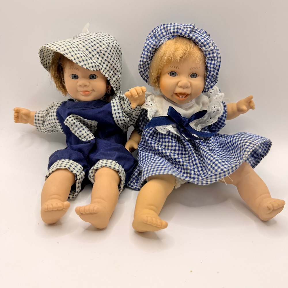 GiGo My Pals 10" Vintage Baby Doll Pair Blue Gingham Outfits Cottagecore Decor